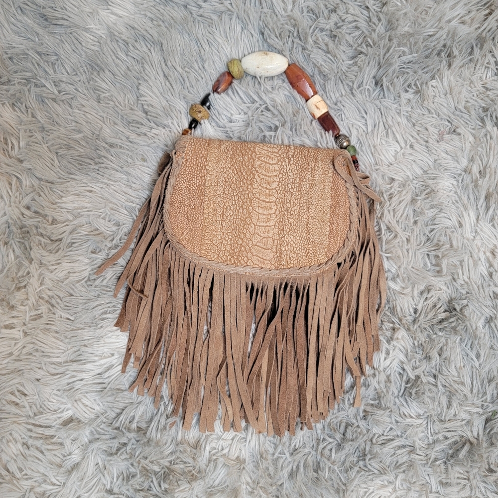 Fringed clutch with beaded strap